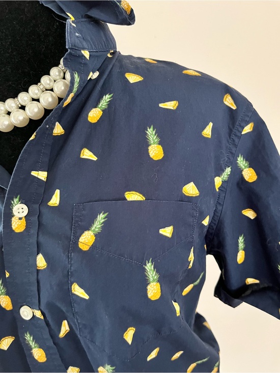 Banana Republic Tops - Enhanced Banana Republic Navy Blue Pineapple Print Ruffle Collar Shirt